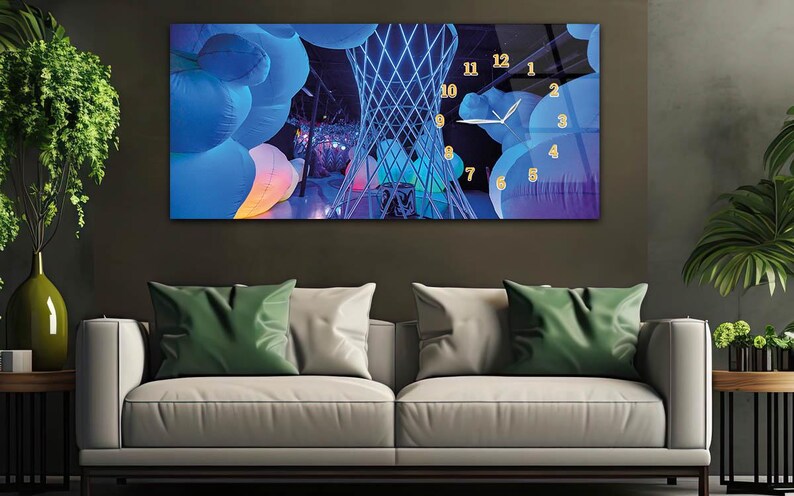 Futuristic Neon Blue Tempered Glass Wall Art with Clock – Abstract Sci-Fi Digital Fantasy Decor for Game Room & Office