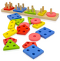 Wooden Geometric Shape Sorter for Toddlers – Educational Learning Toy (5 Shapes, 21 Pcs & 4 Shapes, 17 Pcs Set)